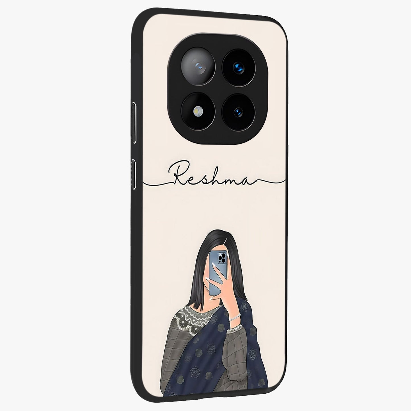 Mirror Mood Muse With Custom Name Glass Case upright view showcasing artistic mirror themed artwork with personalized aesthetic.