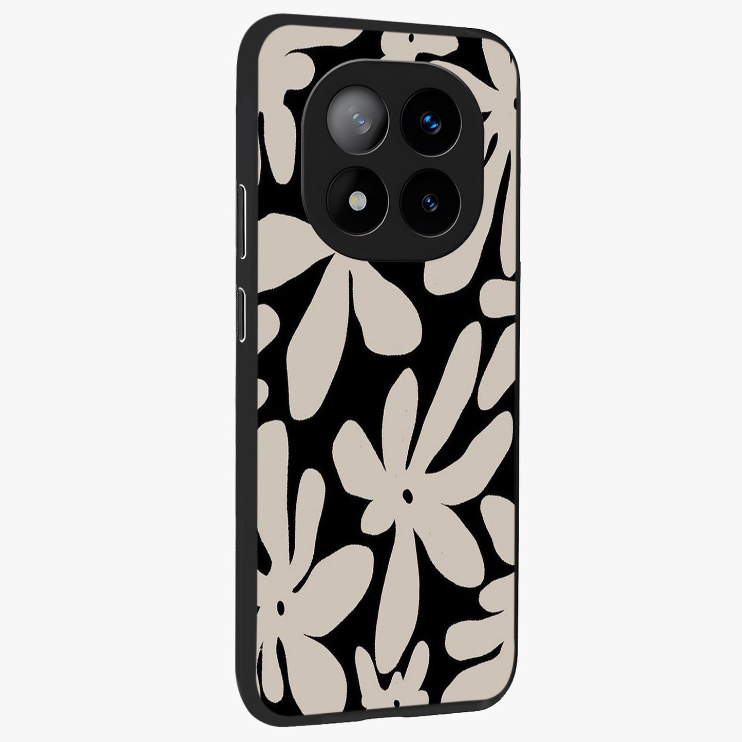 Monochrome Petal Dance Glass Case upright view showcasing artistic floral pattern with stylish monochrome theme.