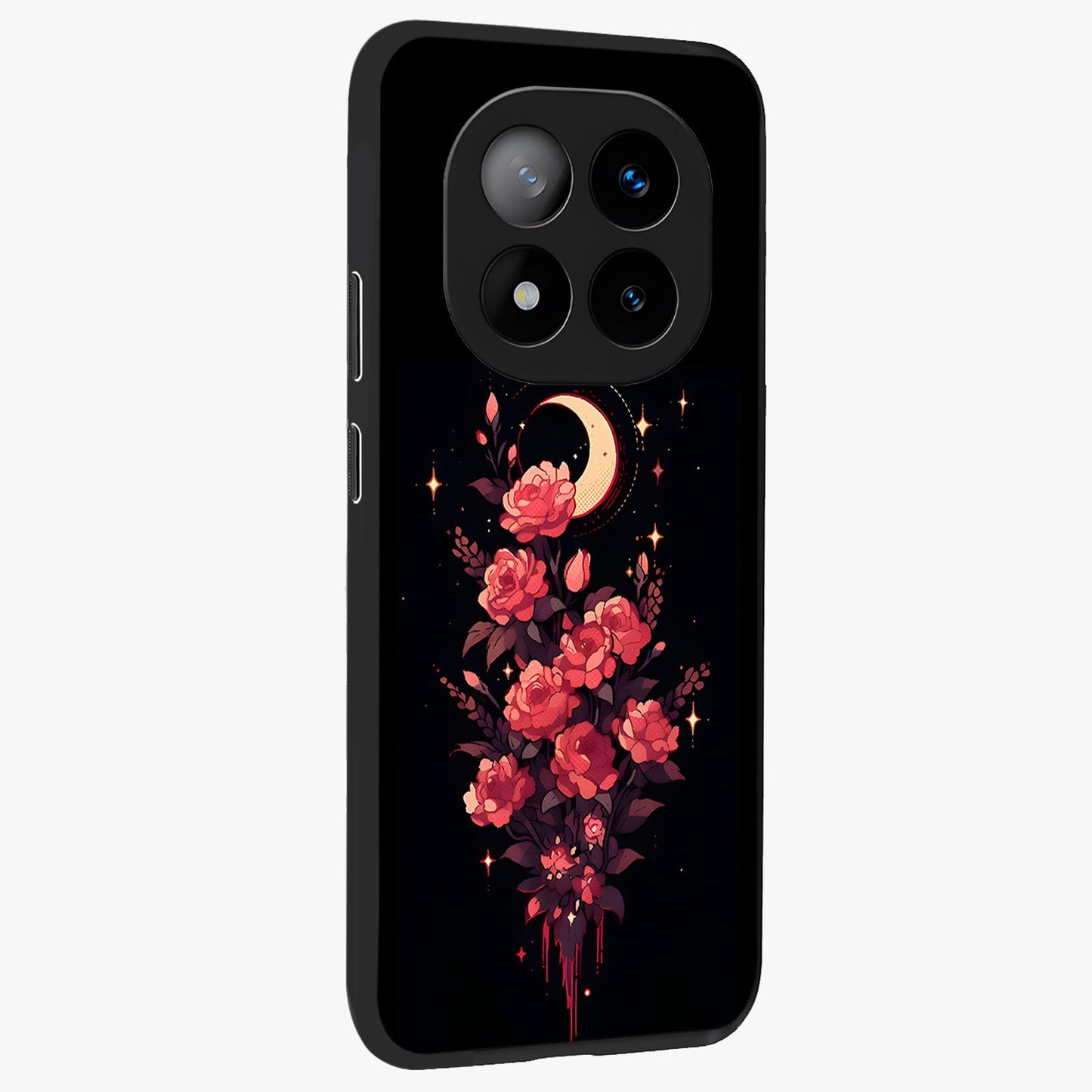 Moonlit Floral Elegance Glass Case upright view showcasing delicate floral artwork with refined night inspired theme.