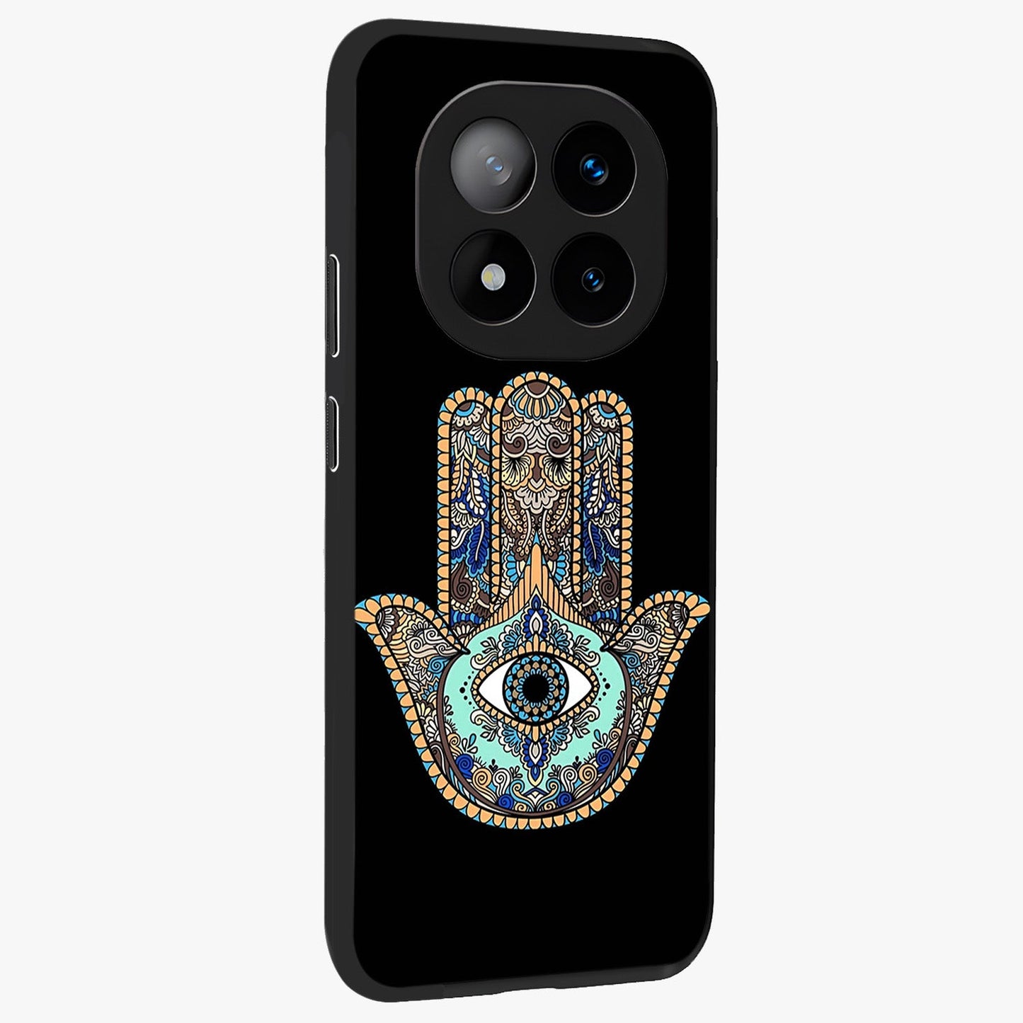 Mystic Hamsa Eye Glass Case upright view showcasing detailed hamsa eye artwork with protective spiritual theme.