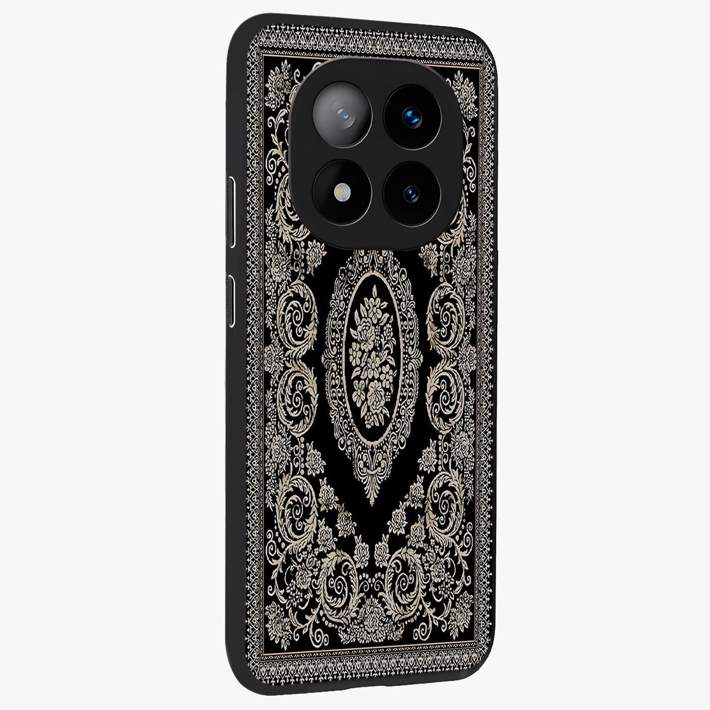 Noir Bloom Elegance Glass Case upright view showcasing graceful floral artwork with luxurious dark theme.