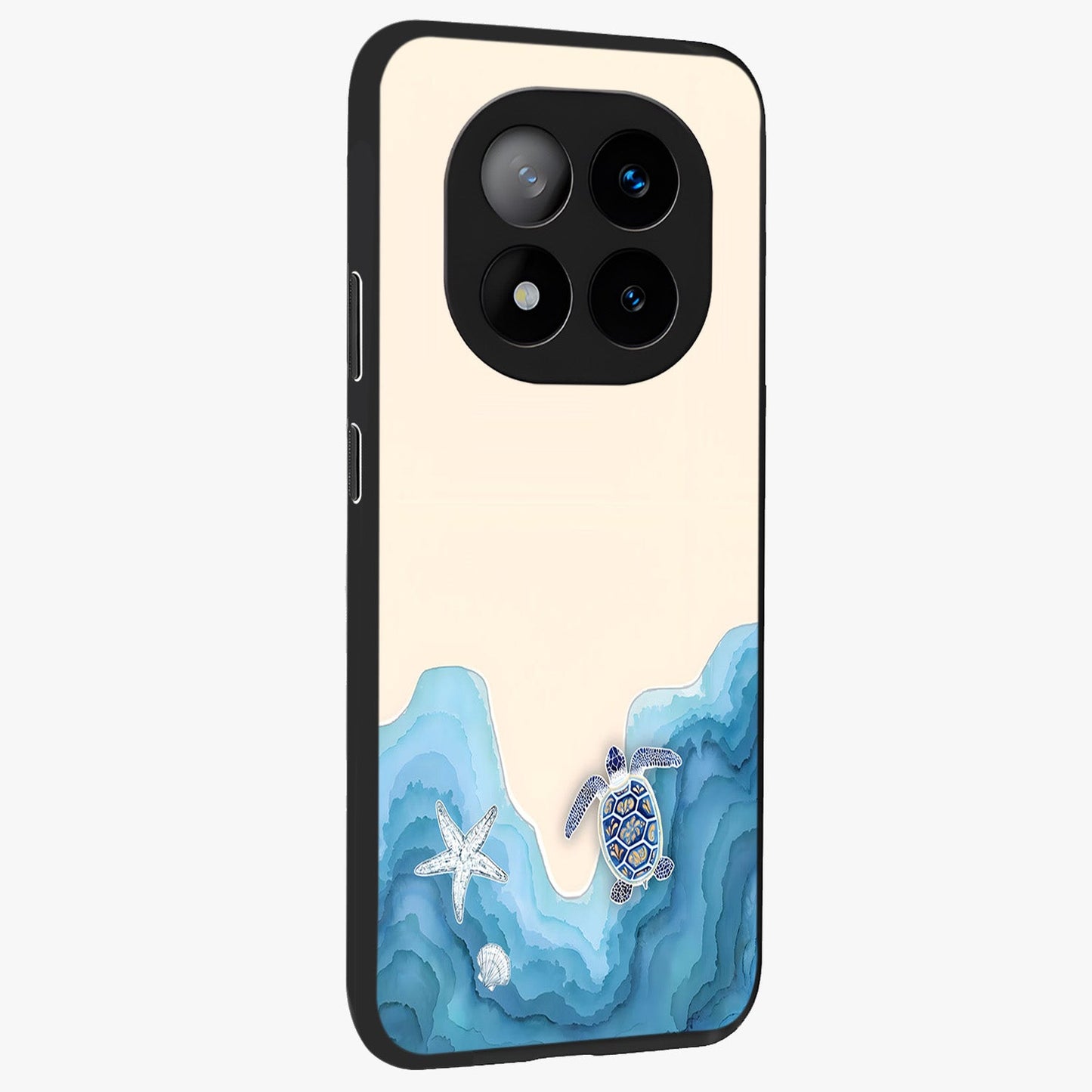 Ocean Drift Turtle Glass Case upright view showcasing calm underwater turtle artwork with nature inspired theme.