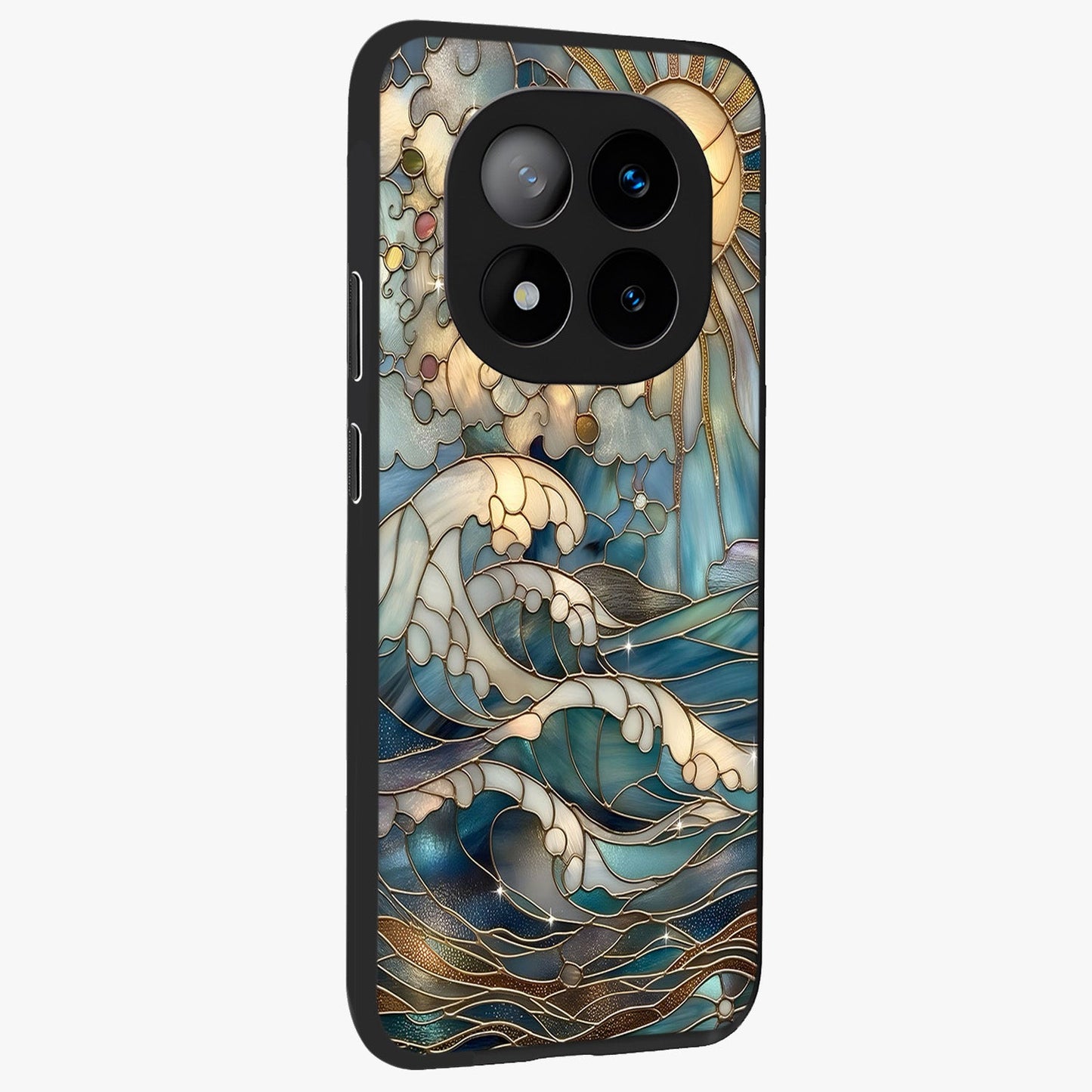Oceanic Stained Printed Glass Case upright view showcasing decorative ocean pattern artwork with vibrant marine theme.