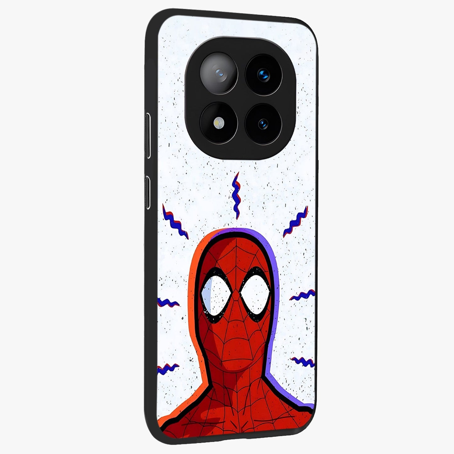 Omg Spiderman Glass Case upright view showcasing energetic superhero artwork with vibrant comic theme.