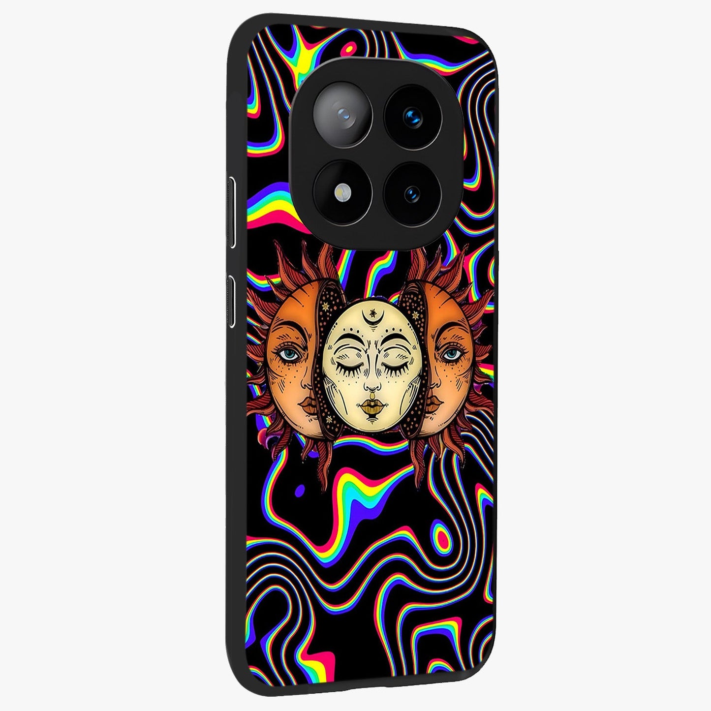 Psychedelic Sun Glass Case upright view showcasing trippy sun artwork with bold psychedelic theme.