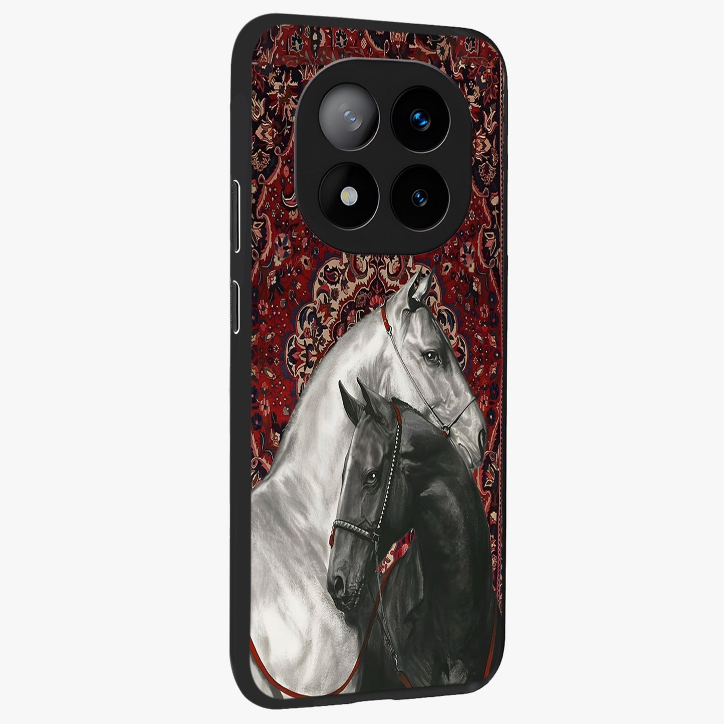 Regal Stallion Tapestry Glass Case upright view showcasing powerful horse artwork with elegant tapestry theme.