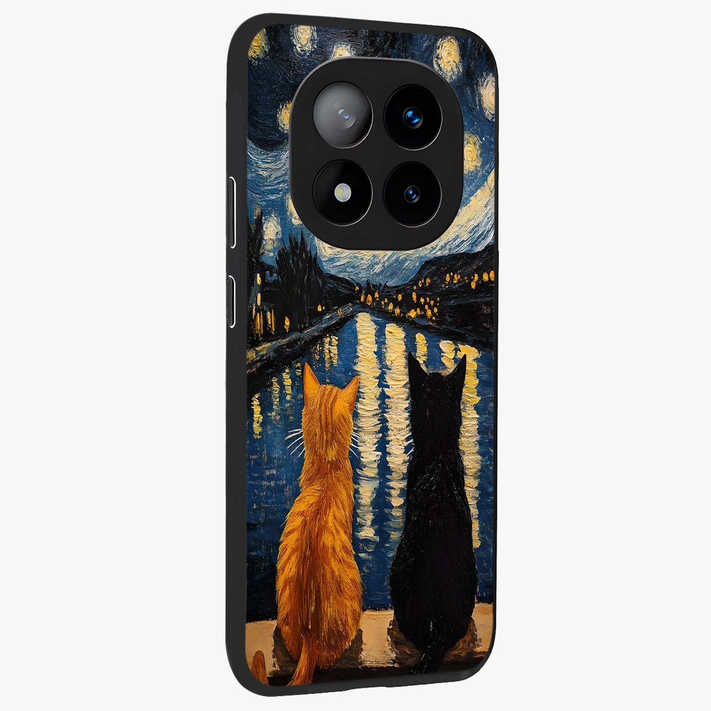 Starry River Cats Glass Case upright view showcasing adorable cat artwork with magical river and stars theme.