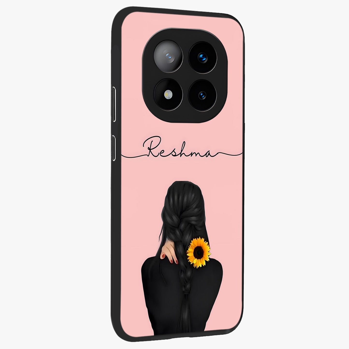 Sunflower Braid Beauty With Custom Name Glass Case upright view showcasing bright sunflower artwork with personalized floral aesthetic.