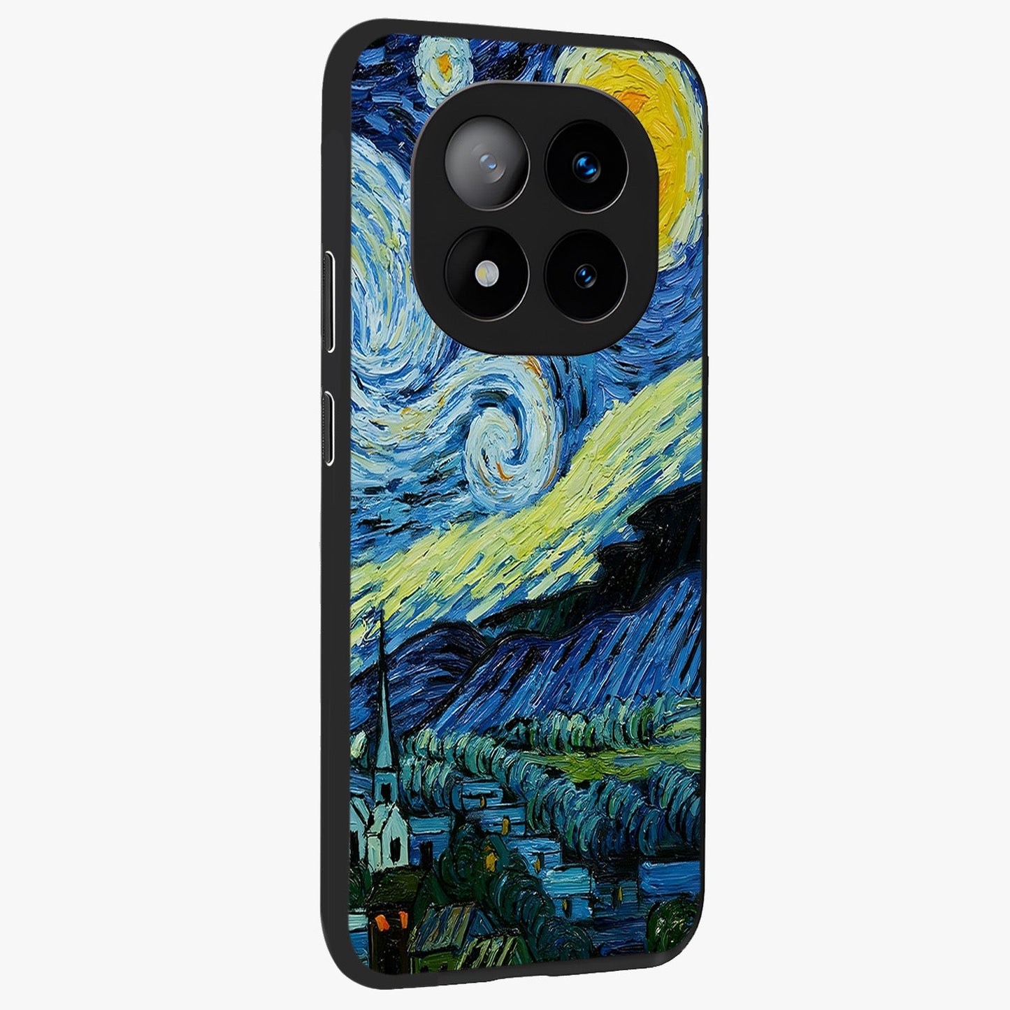 Van Gogh Art Glass Case upright view showcasing expressive painting style artwork with timeless artistic theme.