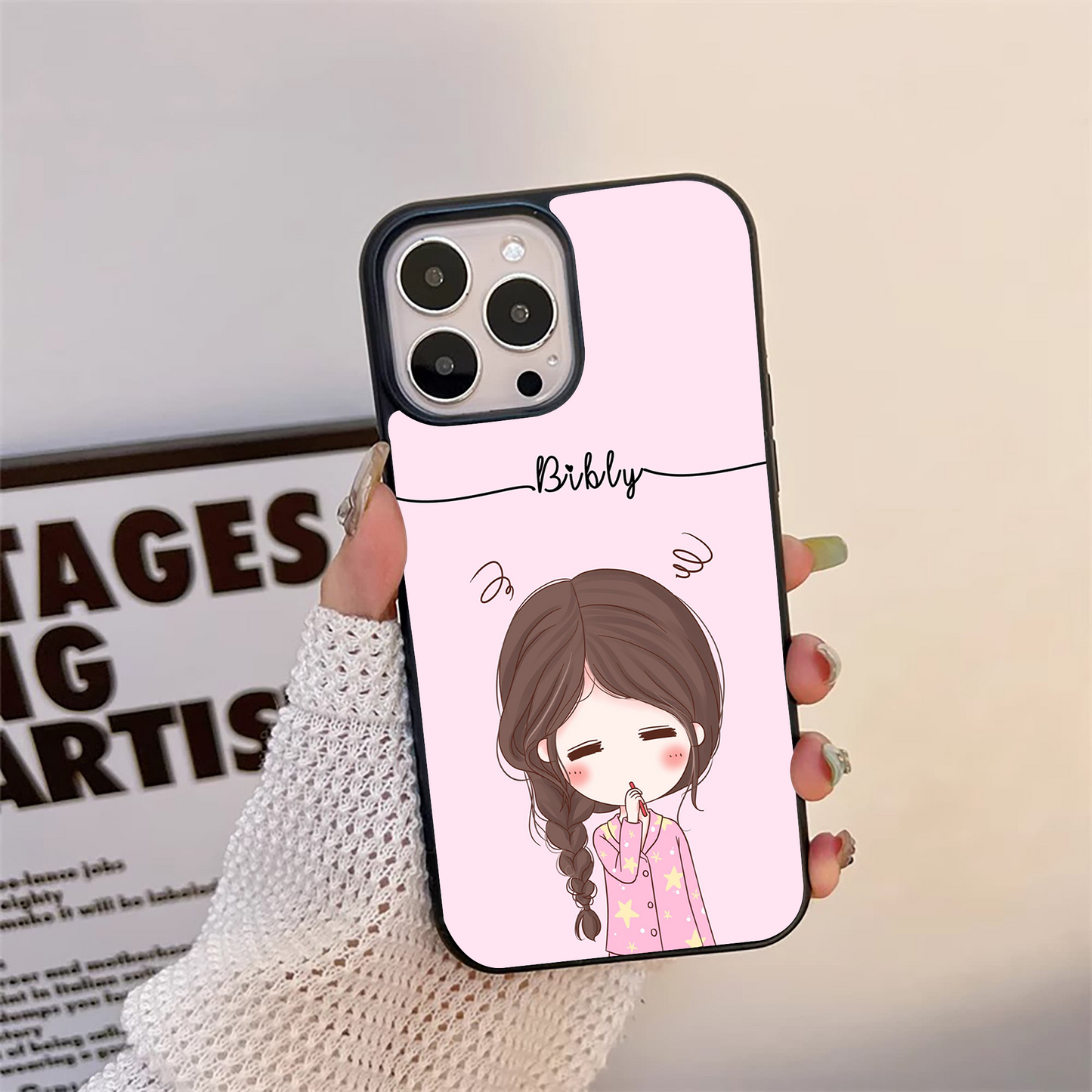 cute shy Couple Name Glass Case ( 2 FREE Keychains )