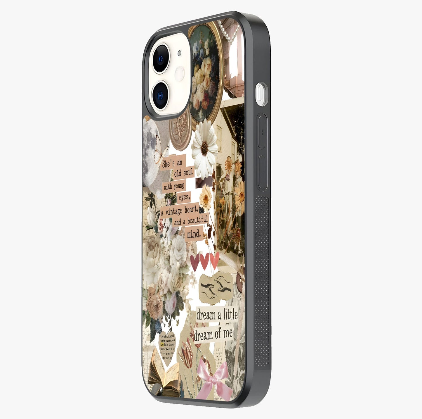 Aesthetic Brown Vintage Collage Glass Case photographed in natural light showing reflective finish and design depth.