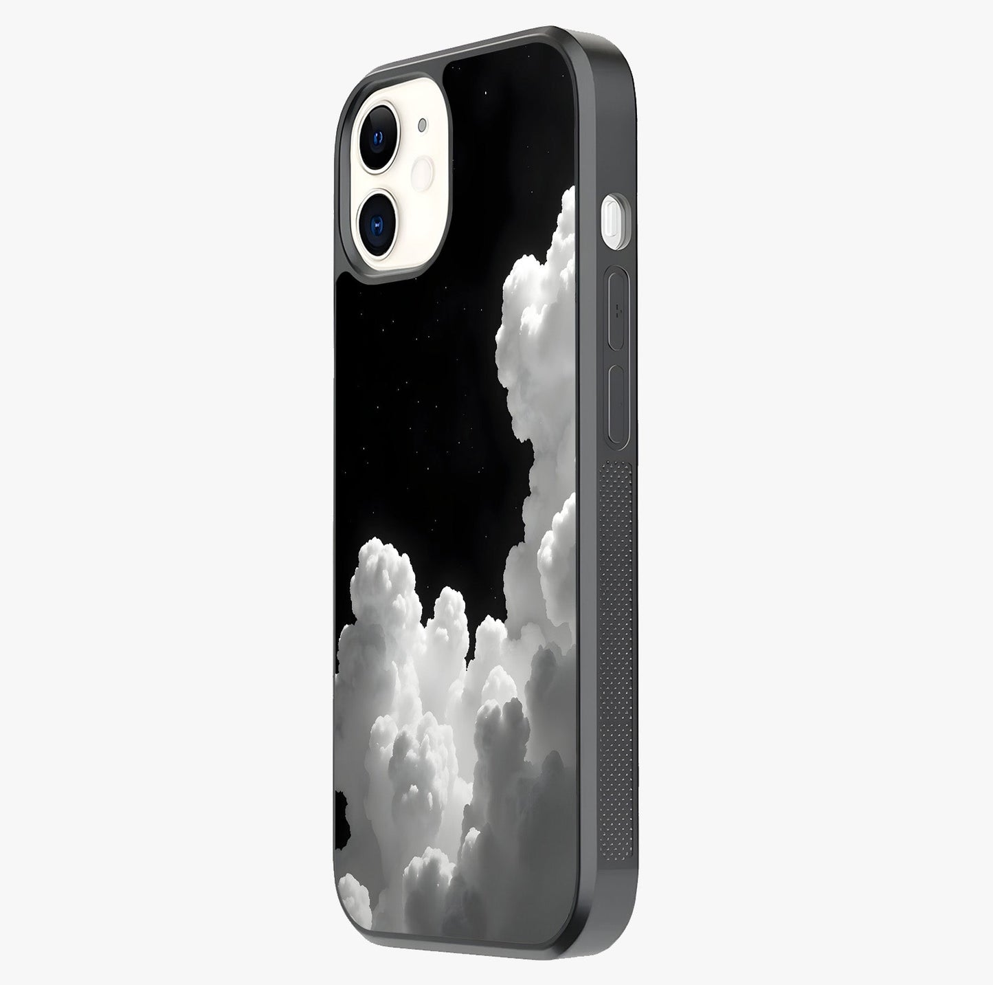 Black Background With White Cloud Glass Case photographed in natural light showing reflective finish and design depth.