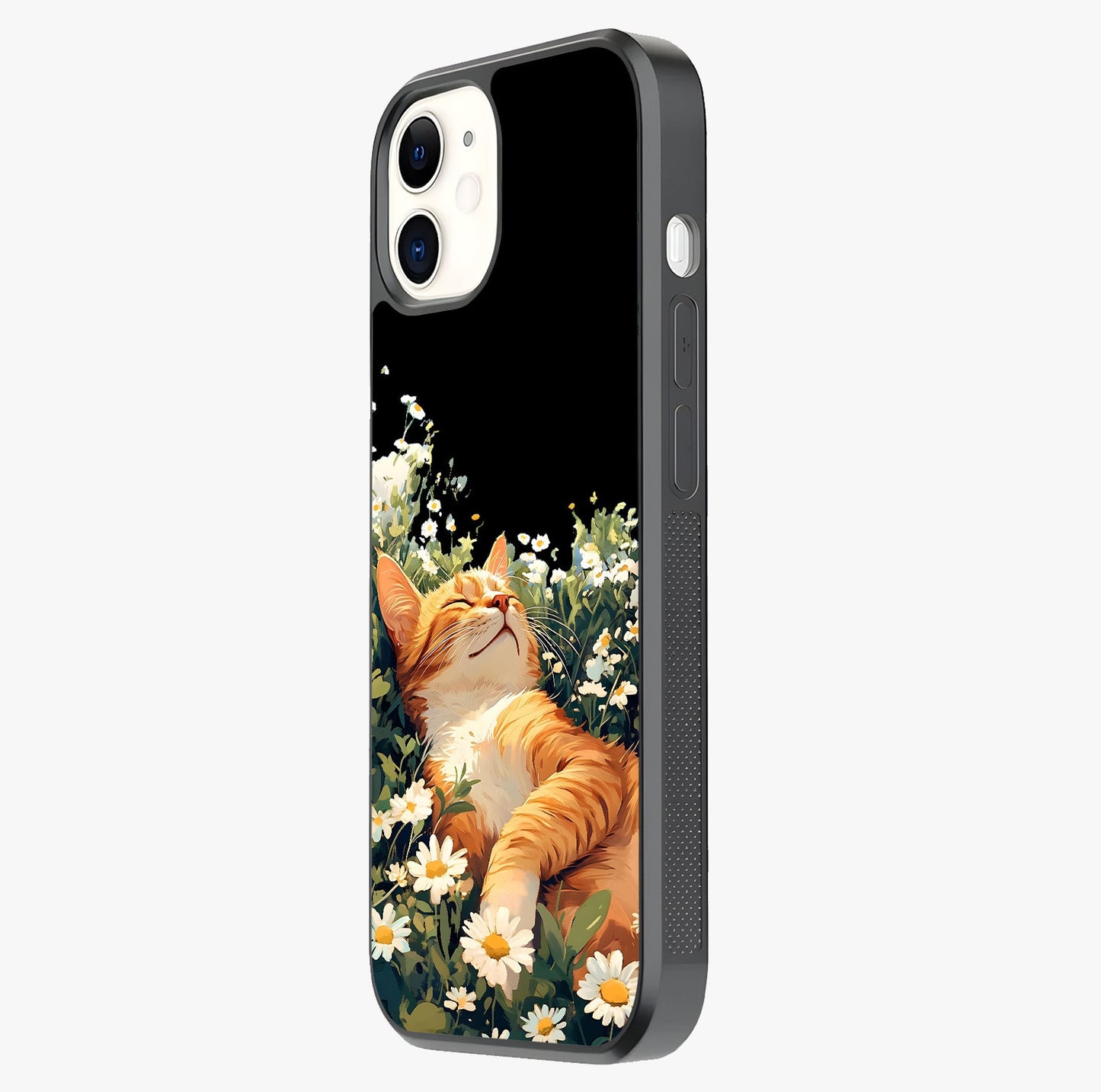 Blissful Bloom Cat Glass Case photographed in natural light showing reflective finish and design depth.