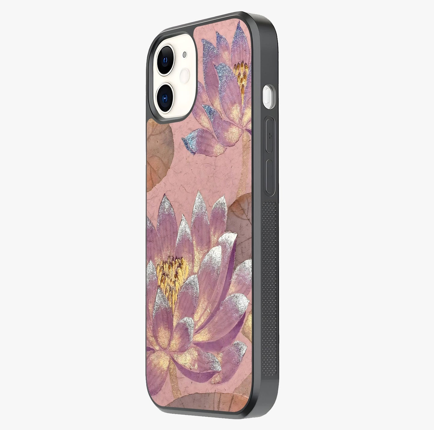 Blossom Mist Lotus Glass Case photographed in natural light showing reflective finish and design depth.