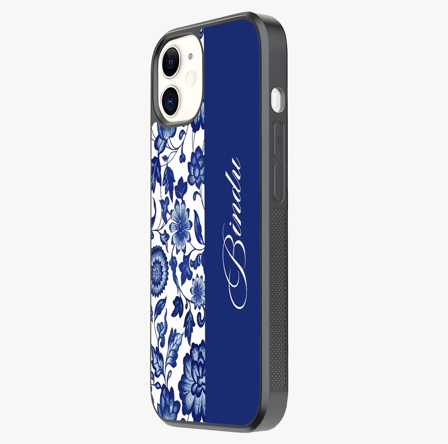 Blue Vintage Floral Pattern Glass Case photographed in natural light showing reflective finish and design depth.