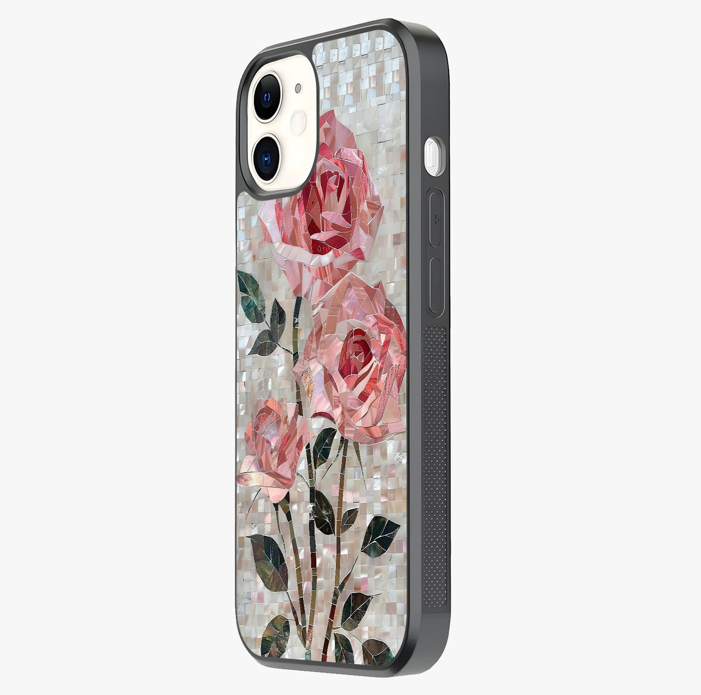 Blush Mosaic Bloom Glass Case photographed in natural light showing reflective finish and design depth.