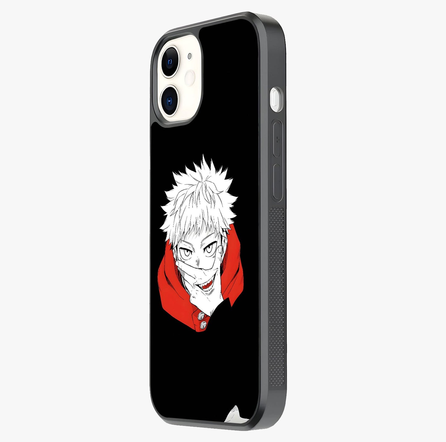 Crimson Chaos Smile Glass Case photographed in natural light showing reflective finish and design depth.
