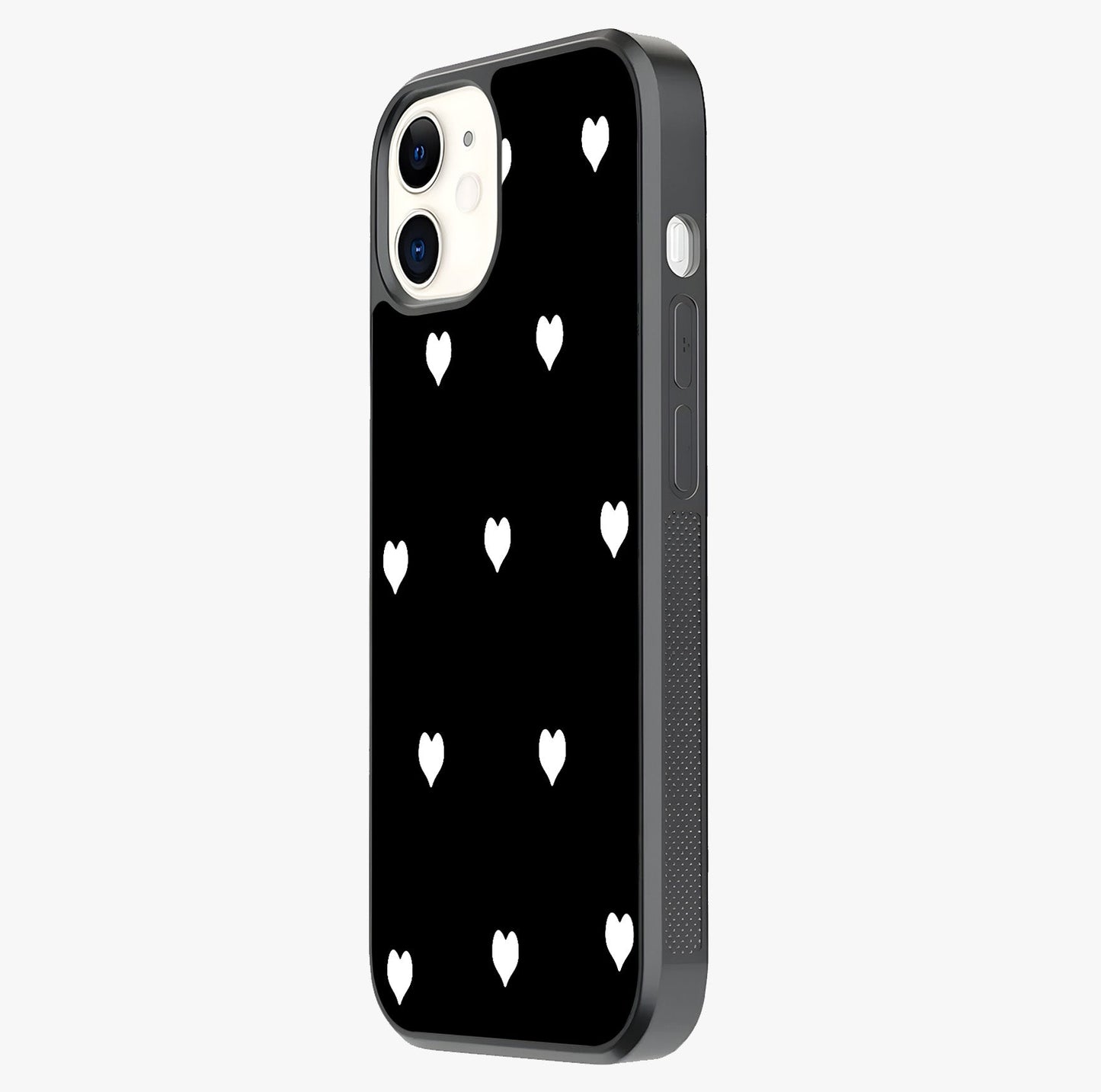Cute And Simple White Hearts Glass Case photographed in natural light showing reflective finish and design depth.