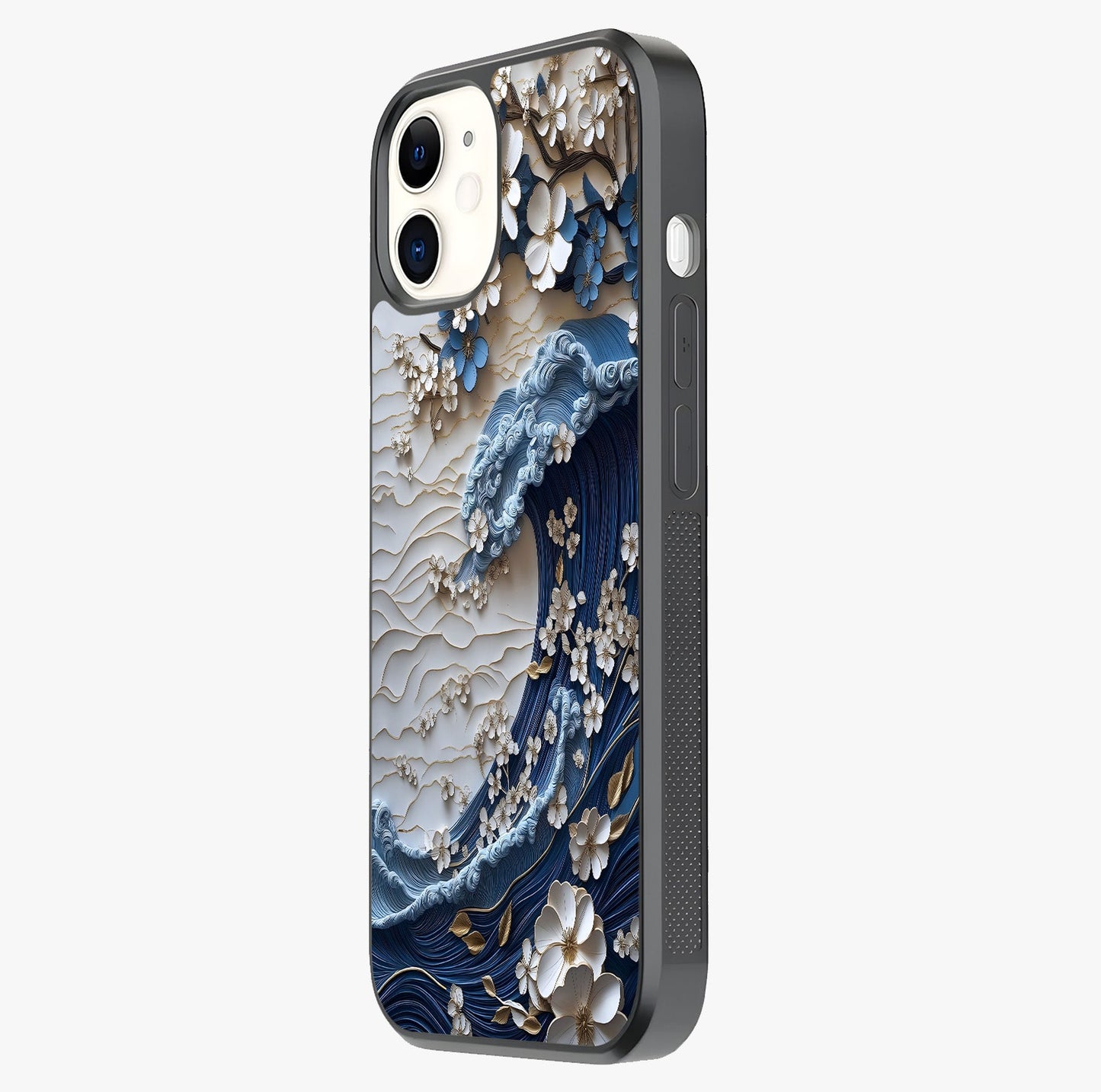 Floral Wave Origami Glass Case photographed in natural light showing reflective finish and design depth.