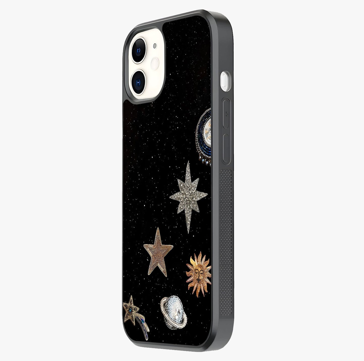 Galactic Charm Glow Glass Case photographed in natural light showing reflective finish and design depth.