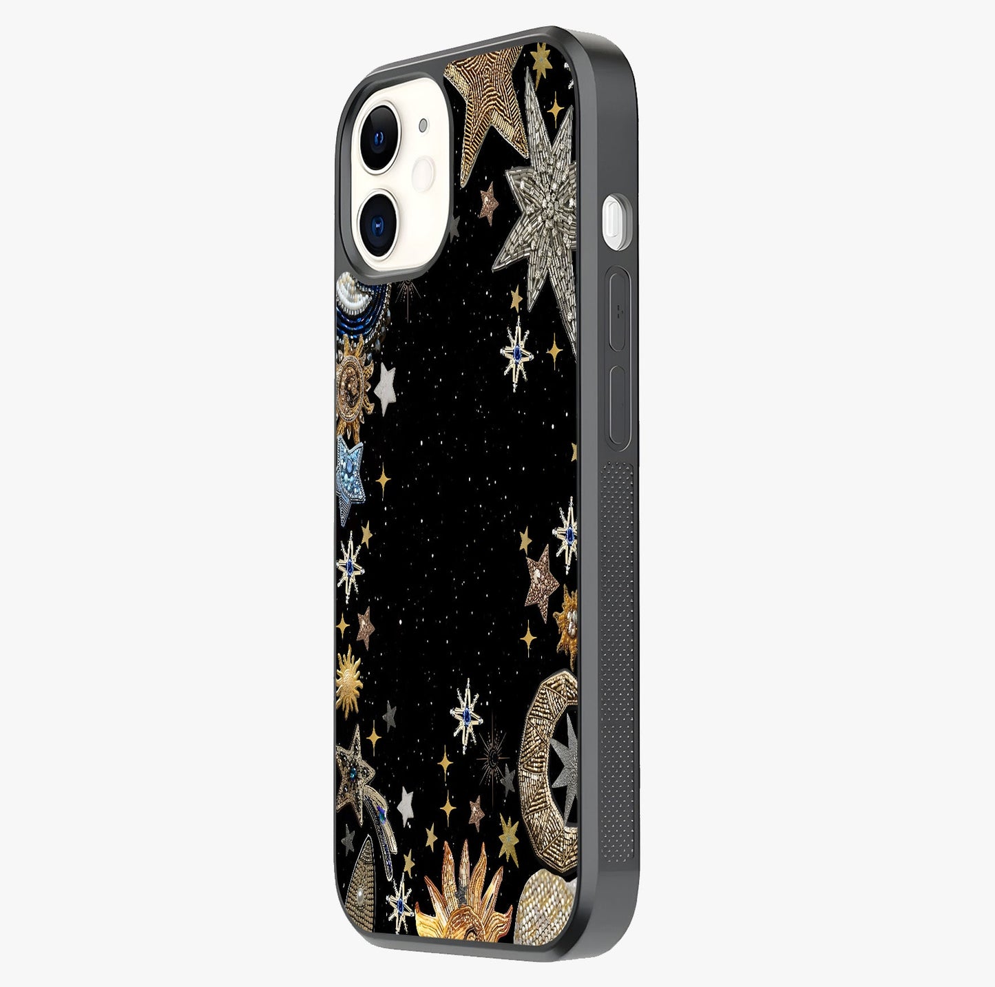 Galactic Jewel Stars Glass Case photographed in natural light showing reflective finish and design depth.