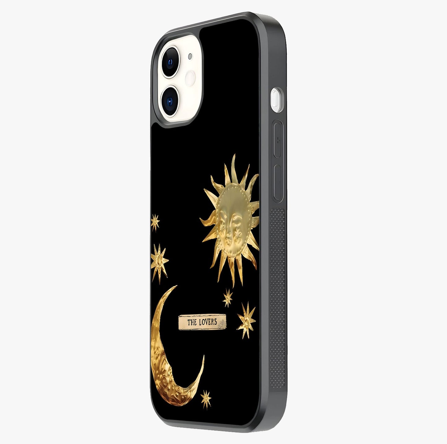 Golden Celestial Charm Glass Case photographed in natural light showing reflective finish and design depth.