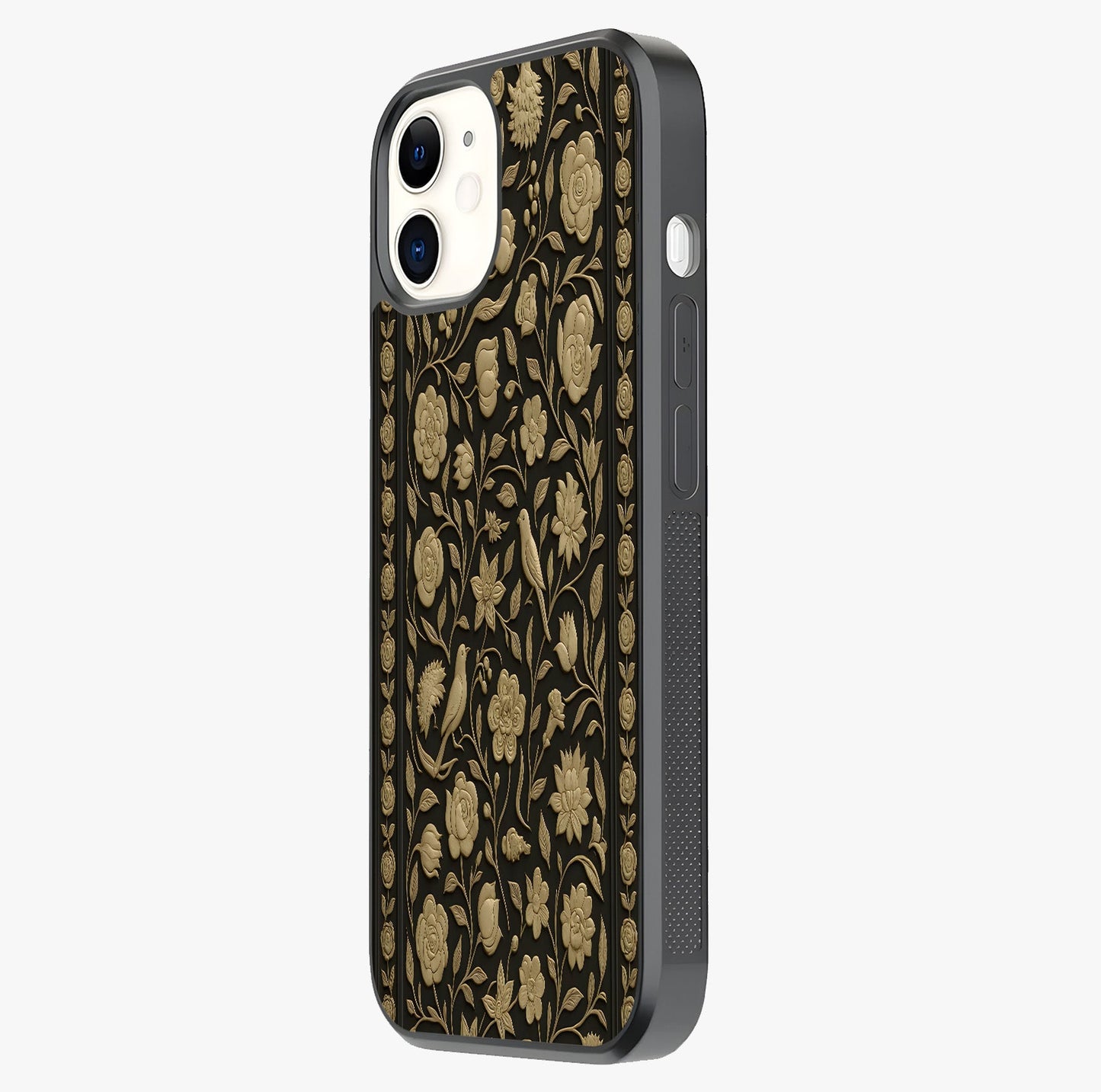 Golden Floral Majesty Glass Case photographed in natural light showing reflective finish and design depth.