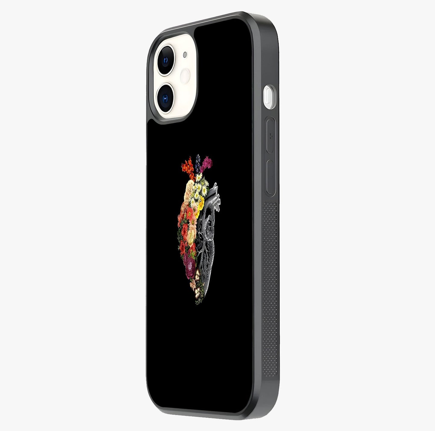 Heart With Flowers Glass Case photographed in natural light showing reflective finish and design depth.