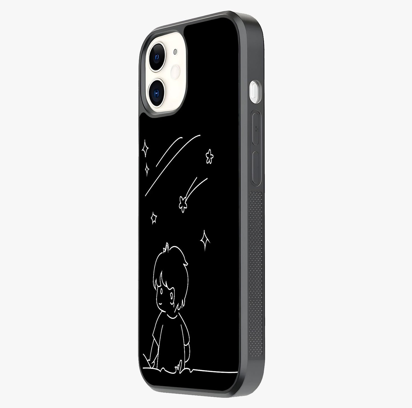 Line Art Boy With Shooting Stars Glass Case photographed in natural light showing reflective finish and design depth.