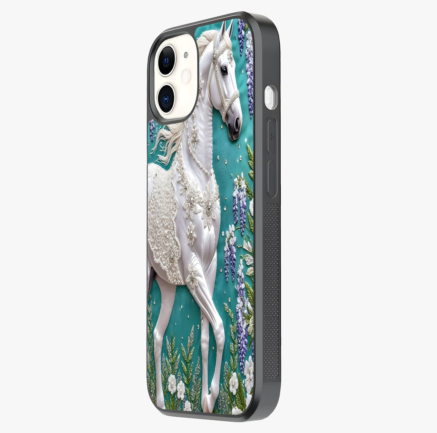 Majestic Floral Stallion Glass Case photographed in natural light showing reflective finish and design depth.