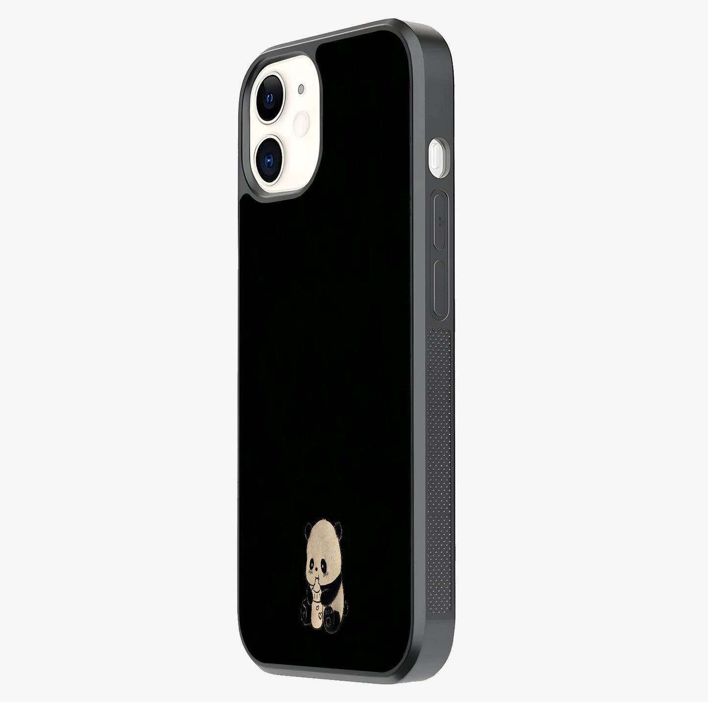 Midnight Panda Love Glass Case photographed in natural light showing reflective finish and design depth.