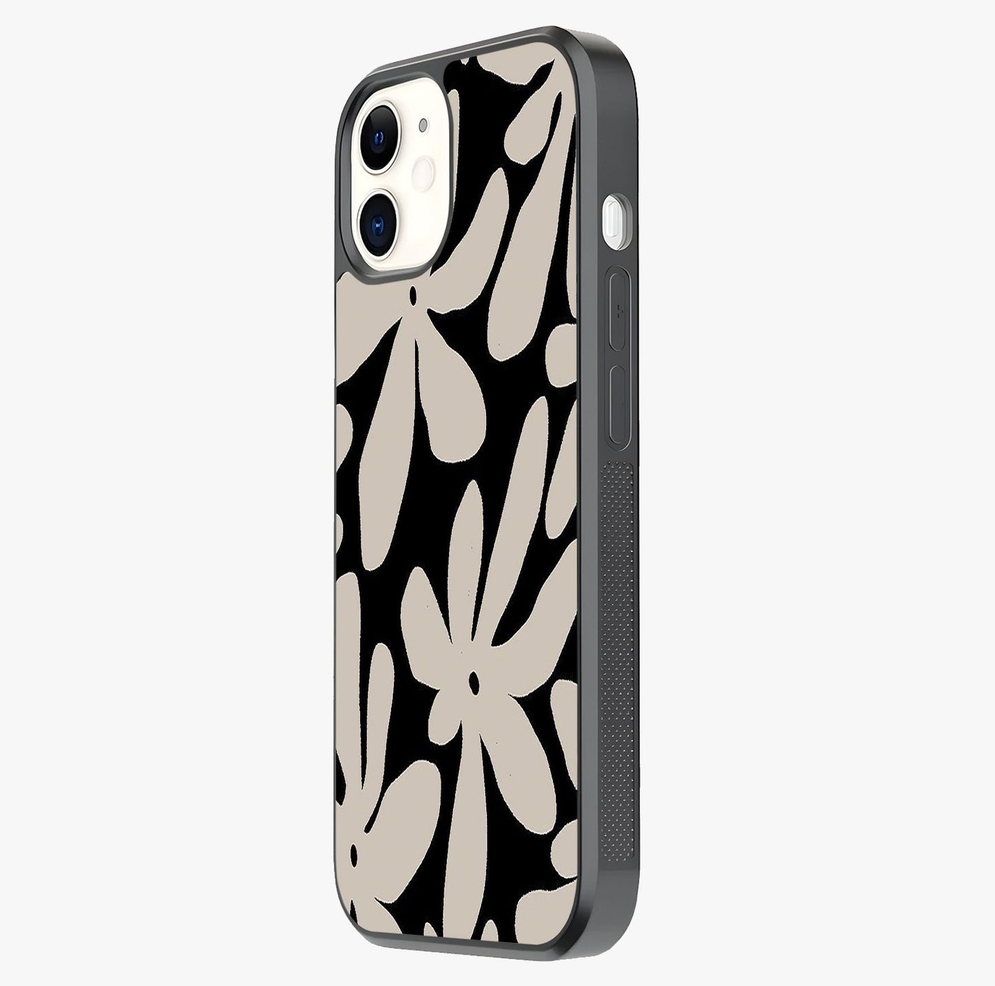 Monochrome Petal Dance Glass Case photographed in natural light showing reflective finish and design depth.