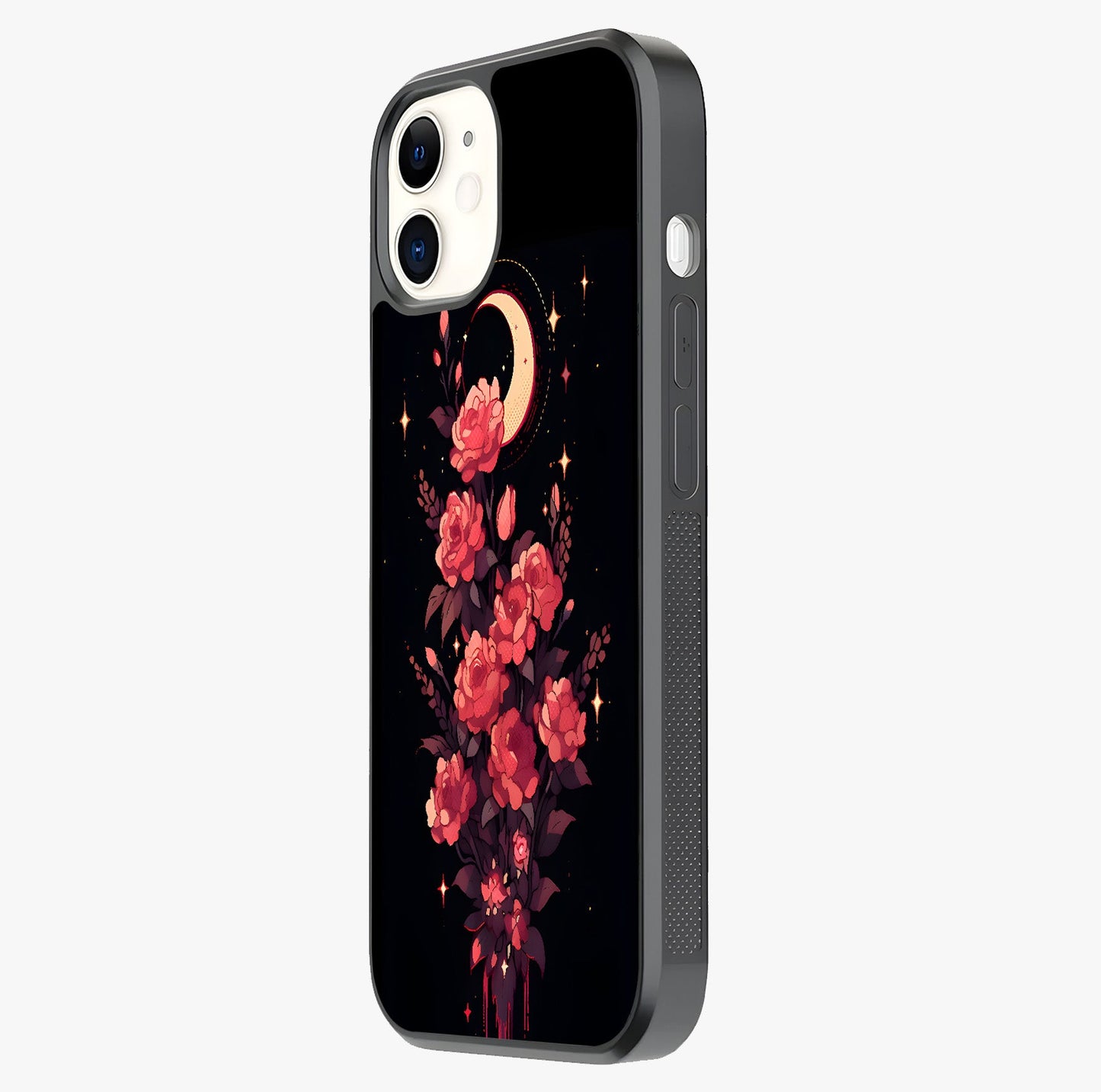 Moonlit Floral Elegance Glass Case photographed in natural light showing reflective finish and design depth.