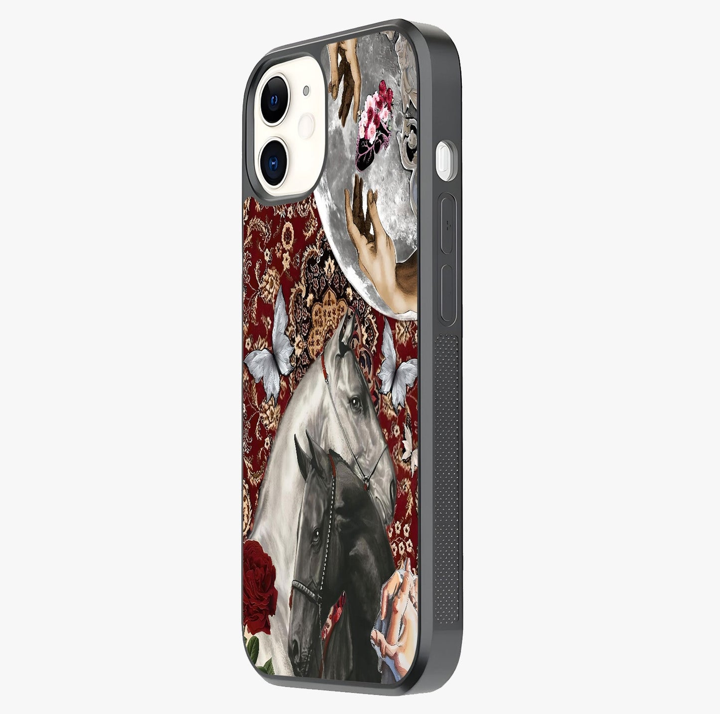 Moonlit Royal Stallion Glass Case photographed in natural light showing reflective finish and design depth.