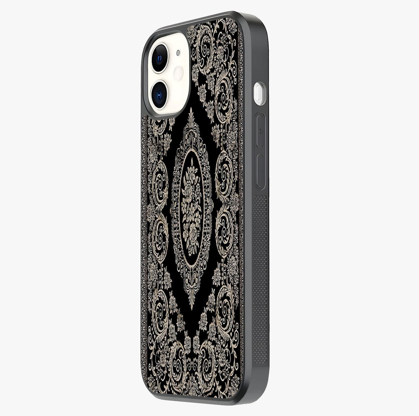 Noir Bloom Elegance Glass Case photographed in natural light showing reflective finish and design depth.
