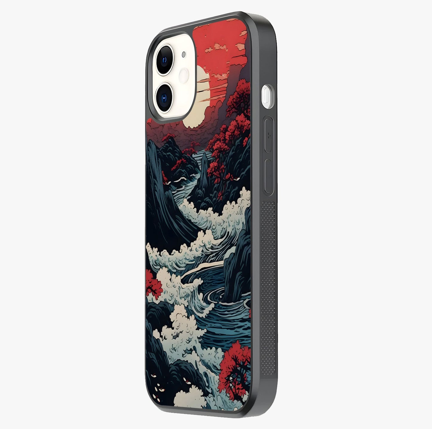 Red Sunset Scenery Glass Case photographed in natural light showing reflective finish and design depth.