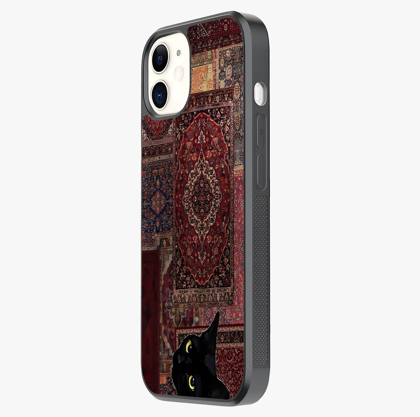 Regal Magic Cat Apple Glass Case photographed in natural light showing reflective finish and design depth.