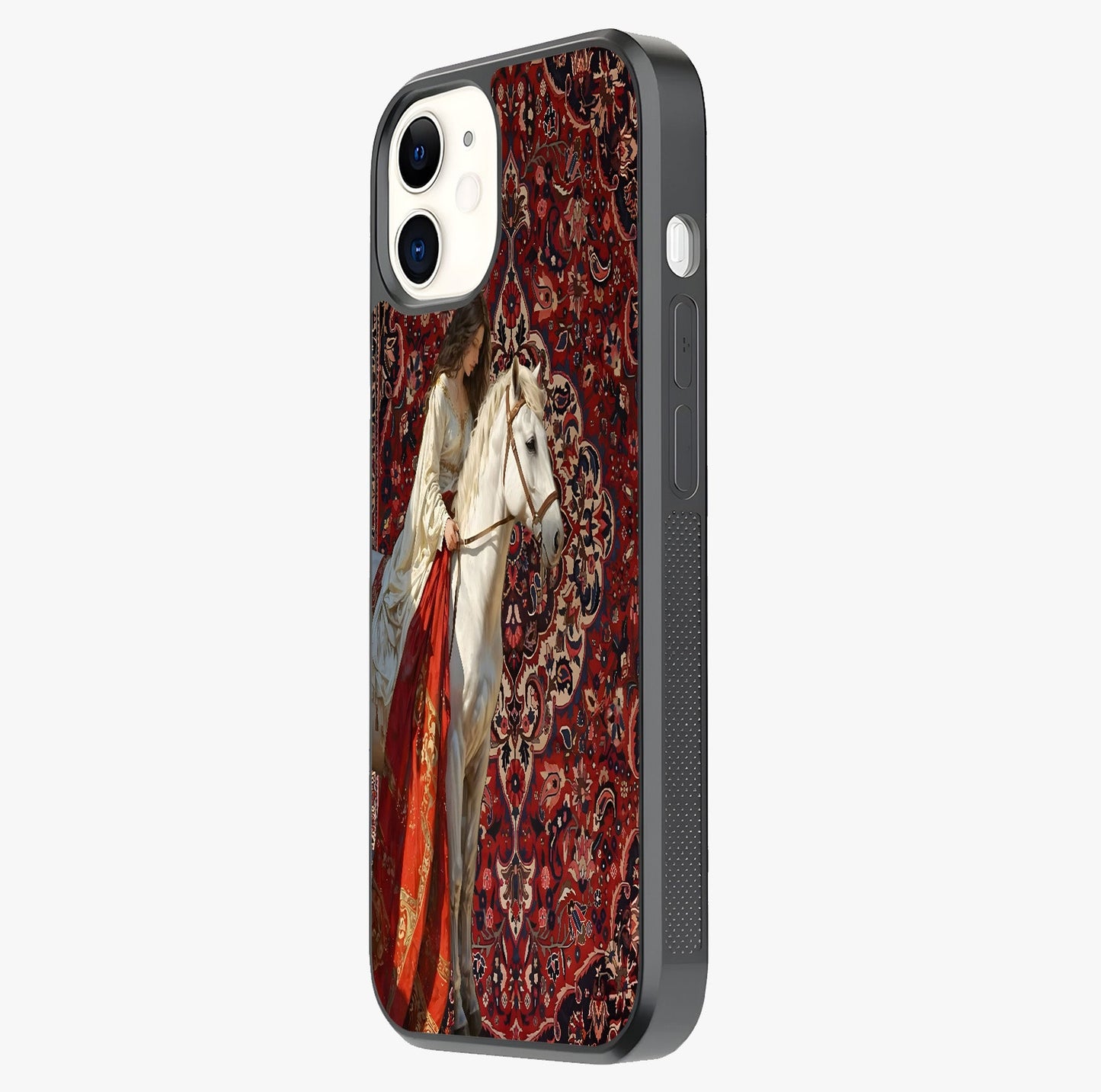 Royal Rider Tapestry Glass Case photographed in natural light showing reflective finish and design depth.