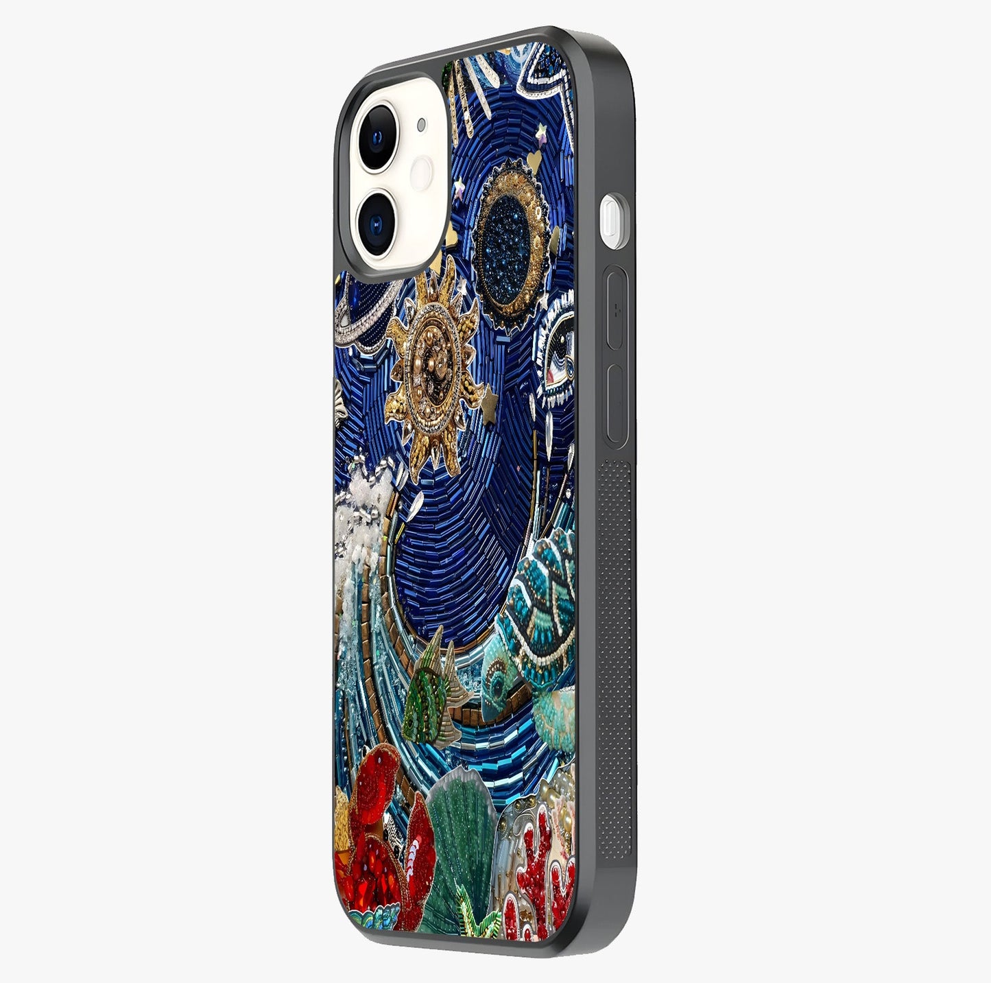Universe Underwater Spark Glass Case photographed in natural light showing reflective finish and design depth.