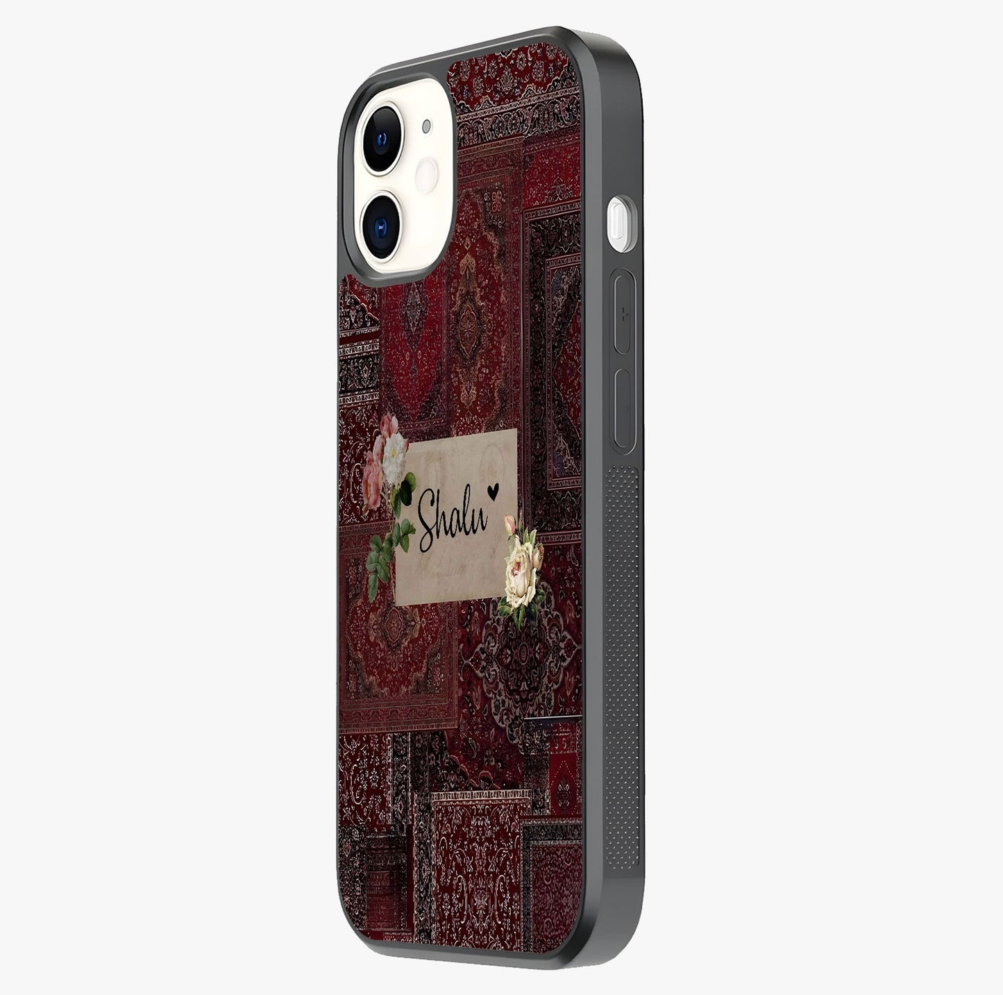 Velvet Wine Pattern Custom Name Glass Case photographed in natural light showing reflective finish and design depth.