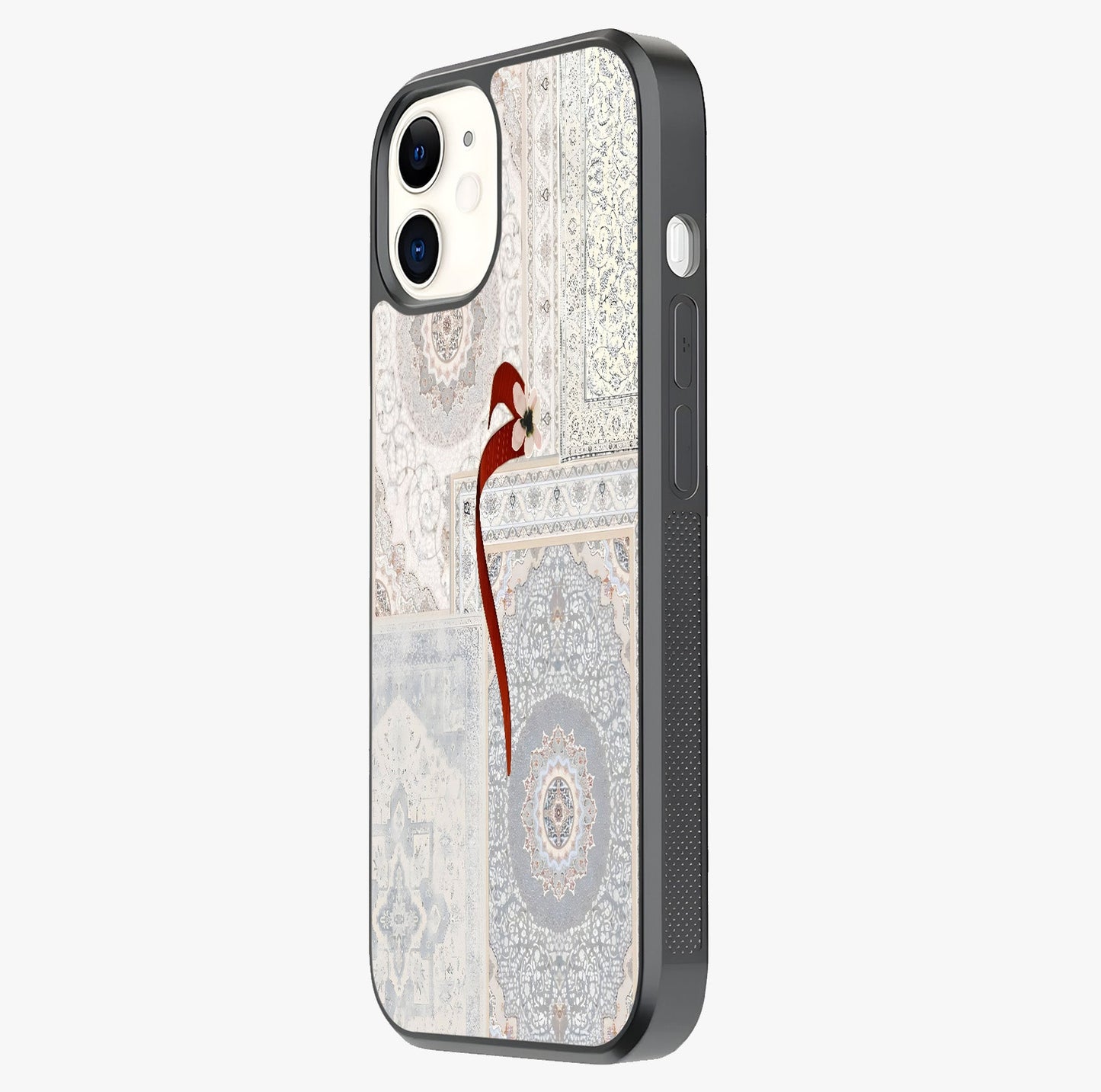 White Aesthetic Bow Glass Case photographed in natural light showing reflective finish and design depth.