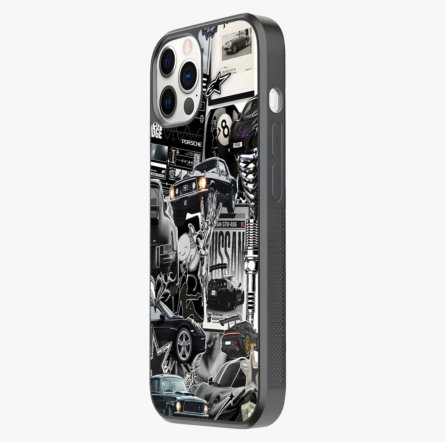 Aesthetic Dark Love Glass Case photographed in natural light showing reflective finish and design depth.