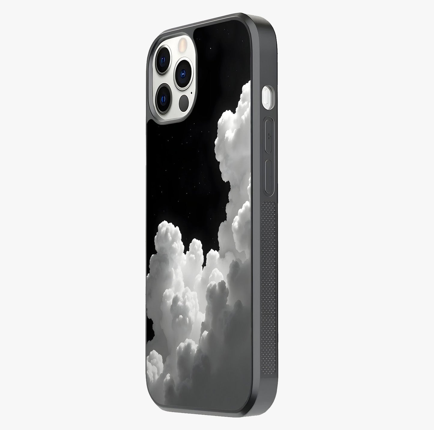 Black Background With White Cloud Glass Case photographed in natural light showing reflective finish and design depth.