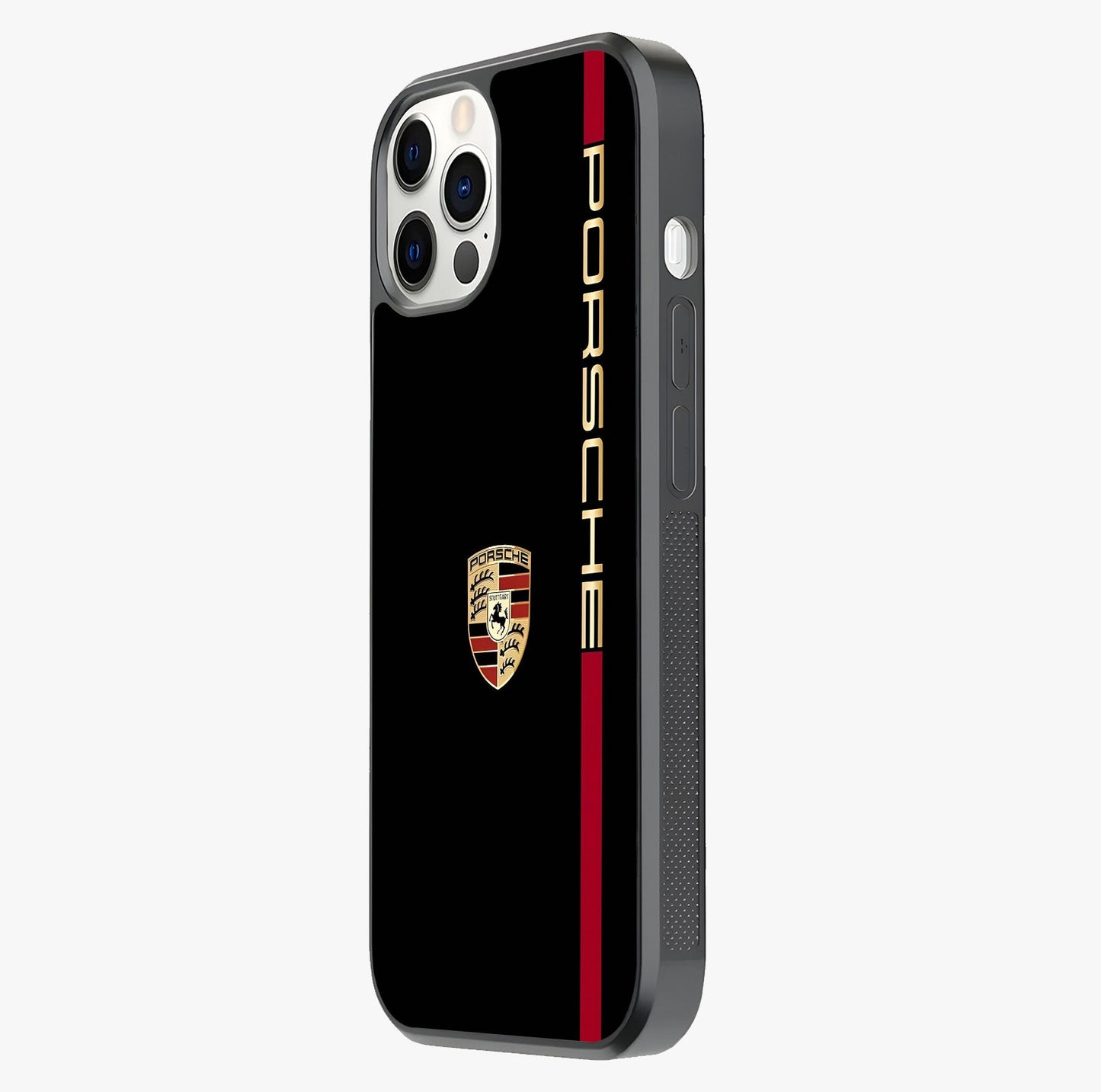 Black Minimal Porsche Glass Case photographed in natural light showing reflective finish and design depth.