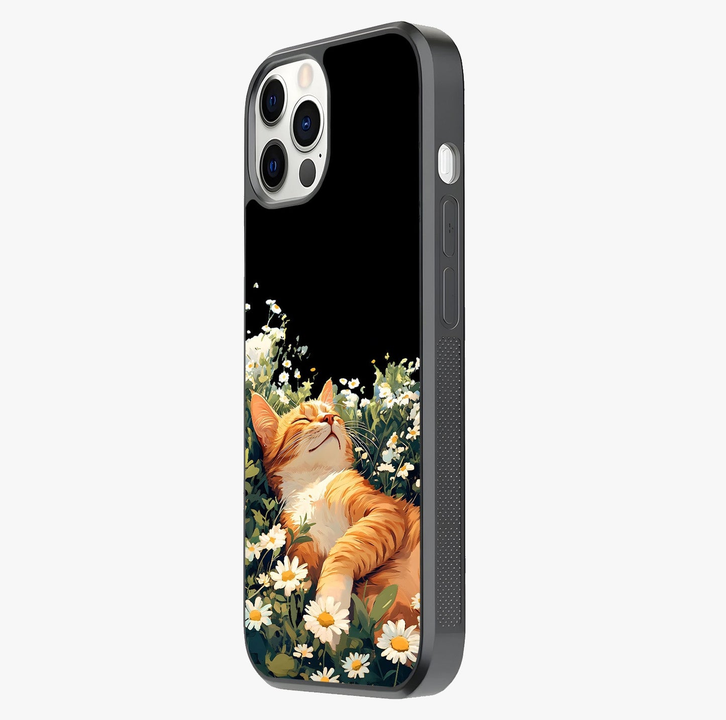 Blissful Bloom Cat Glass Case photographed in natural light showing reflective finish and design depth.