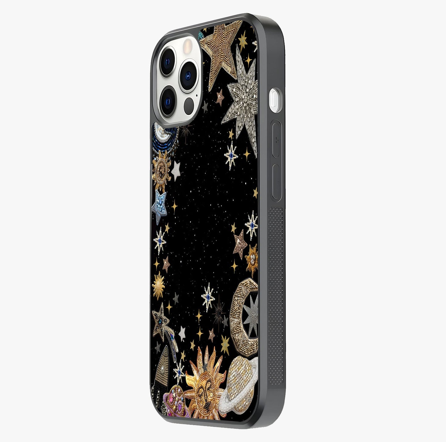 Galactic Jewel Stars Glass Case photographed in natural light showing reflective finish and design depth.