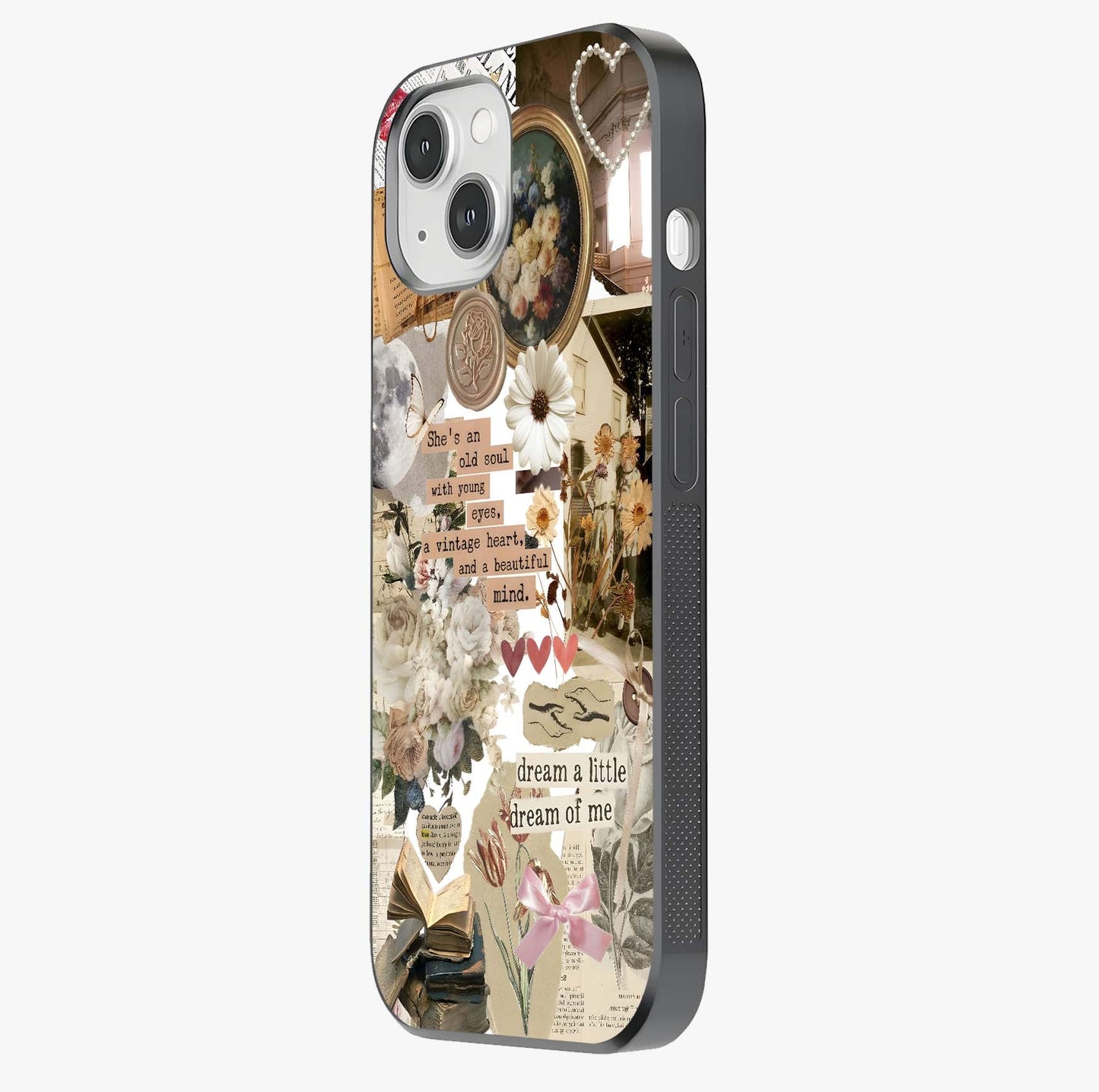 Aesthetic Brown Vintage Collage Glass Case photographed in natural light showing reflective finish and design depth.
