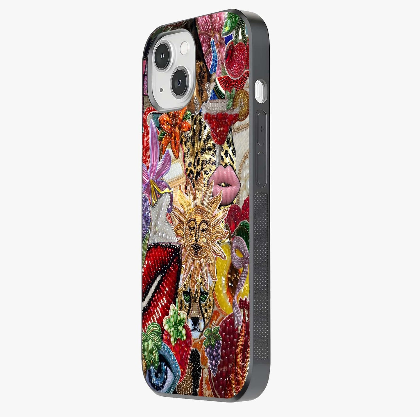 Beaded Fashion Jungle Glass Case photographed in natural light showing reflective finish and design depth.
