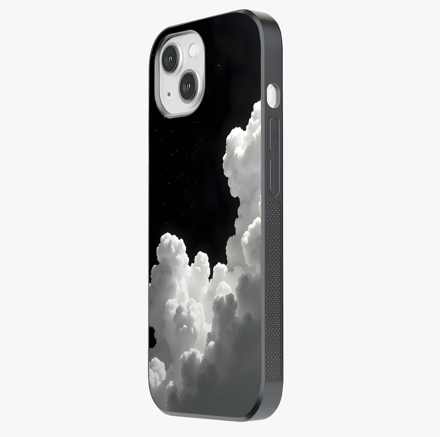 Black Background With White Cloud Glass Case photographed in natural light showing reflective finish and design depth.