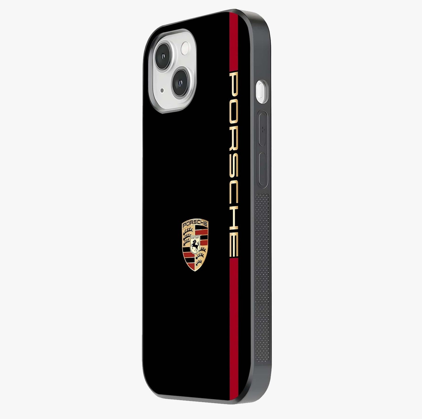 Black Minimal Porsche Glass Case photographed in natural light showing reflective finish and design depth.